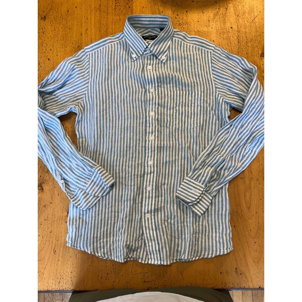 Spier & Mackay Slim 15 Linen Button Down Shirt Green White Stripe Long Sleeve